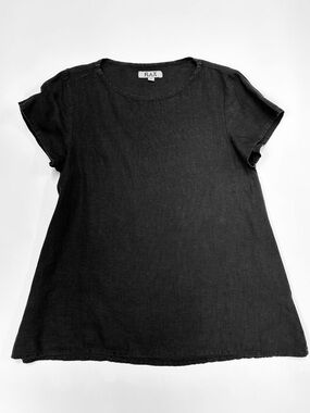 FLAX Black Linen Round Neck Top Small Minimalist Lagenlook Capsule Wardrobe